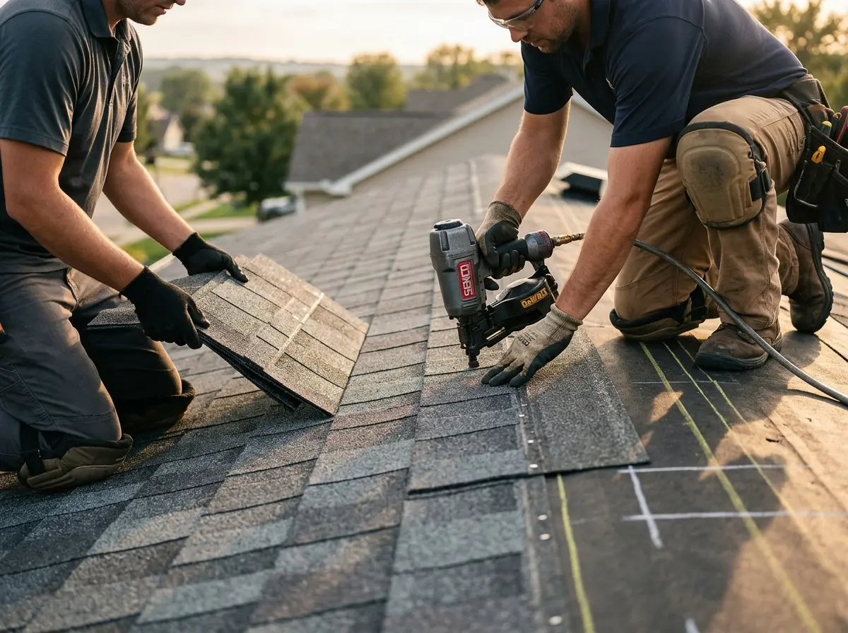 Professional roofer working on a residential roof in Nocatee